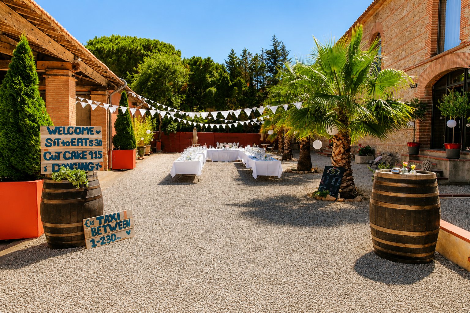 Cour du Domaine de Montcalm décorée pour un mariage à Thuir