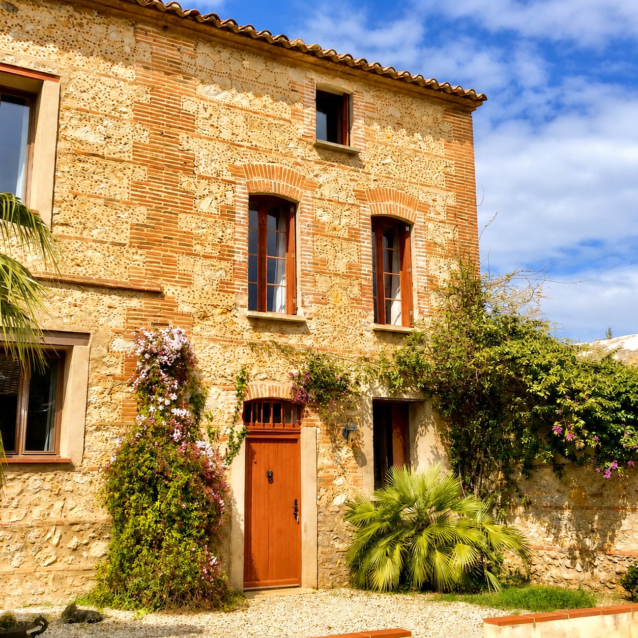 Façade en pierre et entrée du Gîte Les Aspres au Mas du Domaine de Montcalm